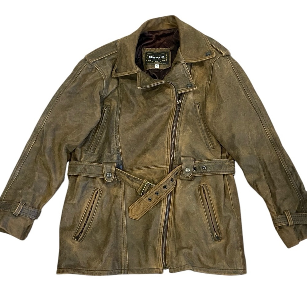 Leather Jacket Beige Brown Vintage Lined Large Belted Soft Motorcycle